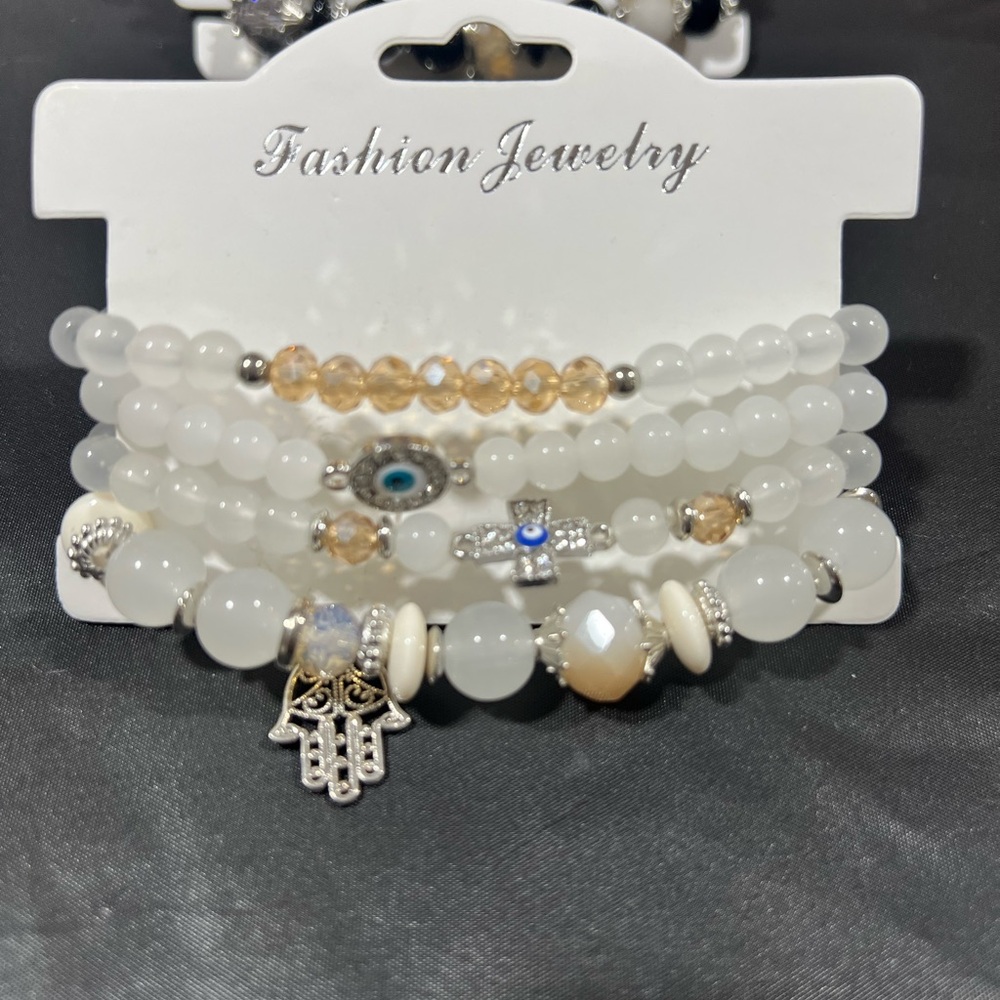 Silver and White Bracelet Set with Unique Charm